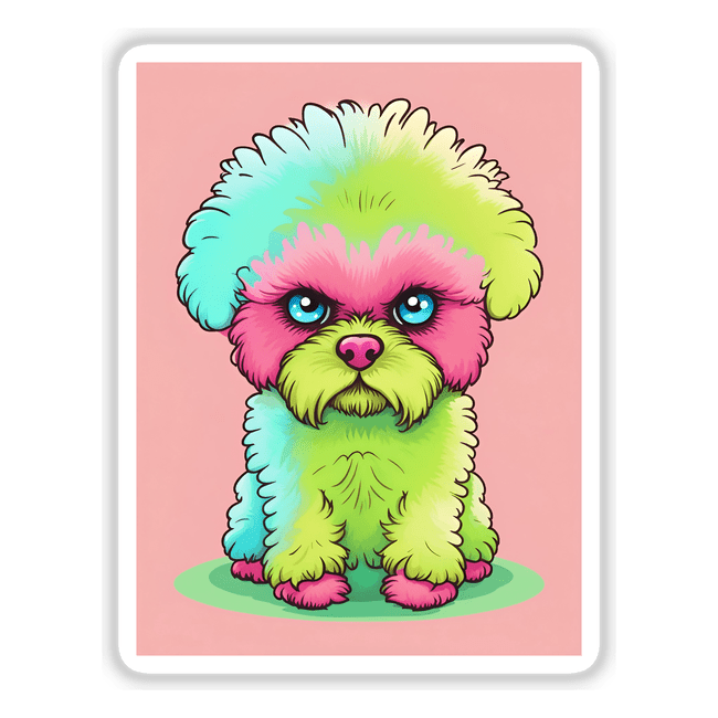 Adorable neon poodle with vibrant fur colors sitting on grass
