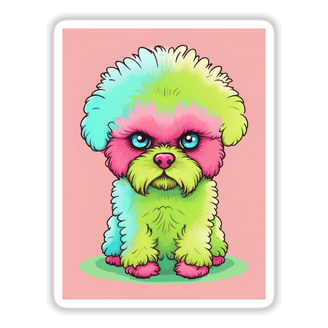 Adorable neon poodle with vibrant fur colors sitting on grass