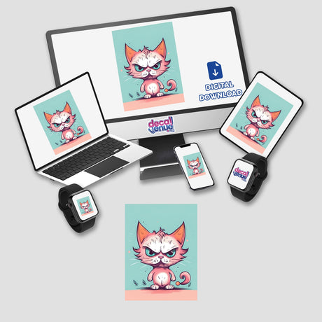 Adorable yet angry digital cat artwork featured on various digital devices including a laptop, tablet, smartphone, and smartwatch against a plain background.