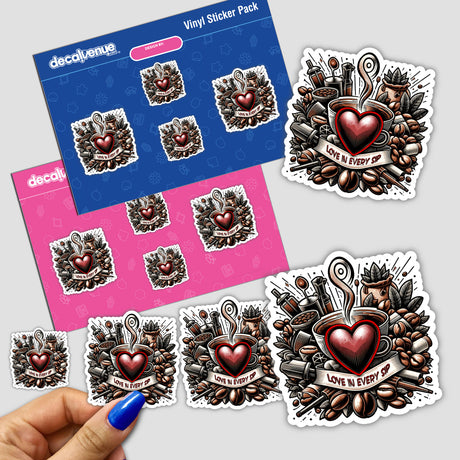 Assorted heart-themed stickers featuring intricate designs and the text "Love is every sip" on a pink and blue background with a Decal Venue logo, showcasing an artistic collection of coffee-inspired digital artwork.