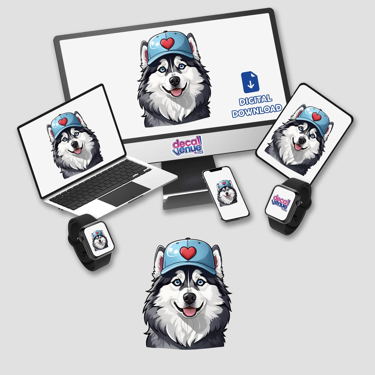 Smiling Husky Wearing Heart Baseball Cap