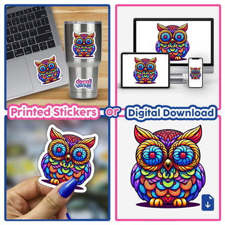Vibrant and colorful psychedelic owl artwork featured on various product mockups, including a laptop, mobile devices, and a printed sticker. The owl design showcases intricate, abstract patterns and bright, eye-catching colors, capturing a whimsical and visually striking aesthetic.