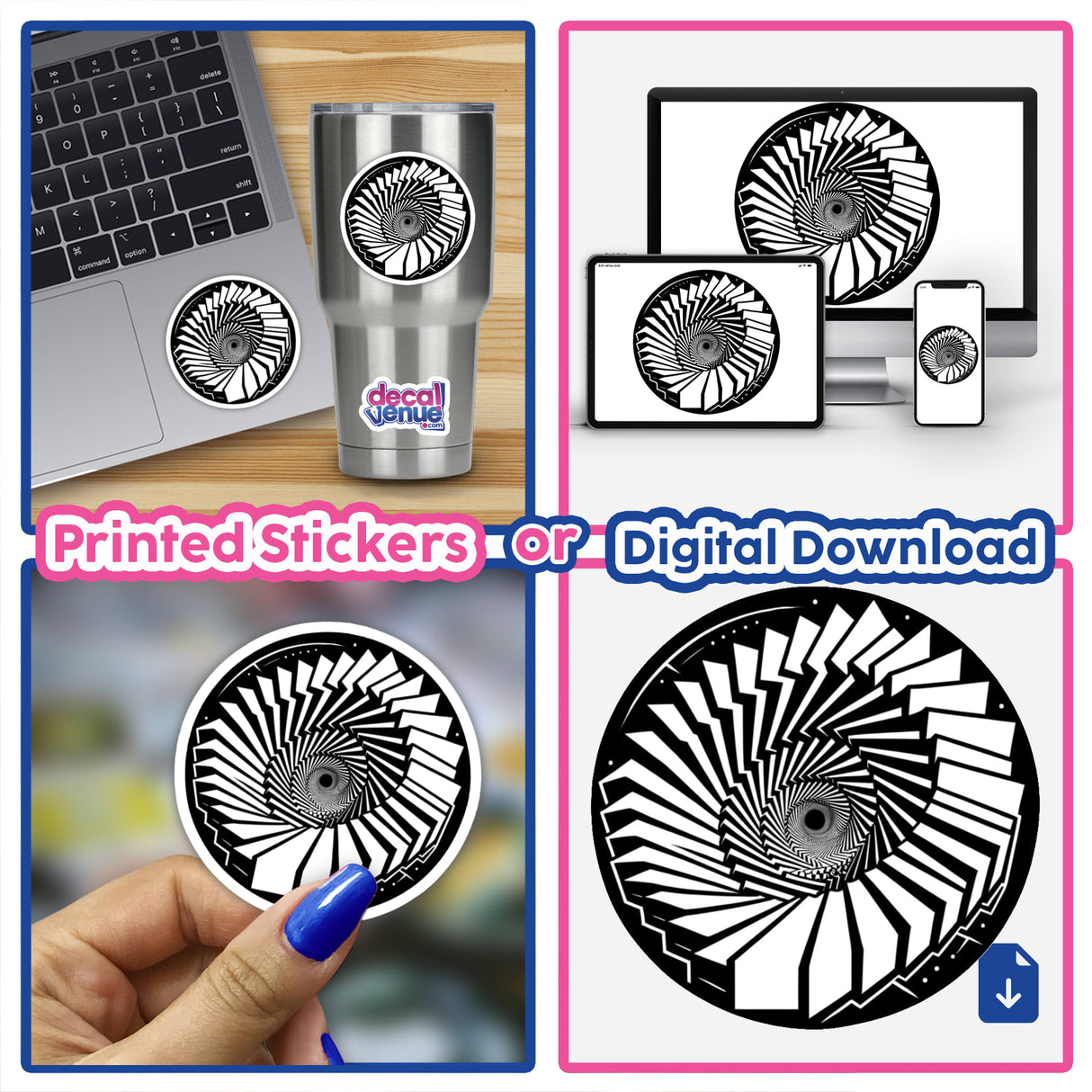 Optical Illusion Spiral Stickers - Distinctive digital artwork with hypnotic swirling patterns for personalization and expression