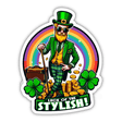 Dapper Leprechaun 'Luck of the Stylish' St. Patrick's Day Sticker featuring a fashionable leprechaun holding a suitcase and surrounded by clovers and gold coins on a rainbow background.
