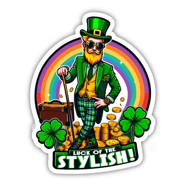 Dapper Leprechaun 'Luck of the Stylish' St. Patrick's Day Sticker featuring a fashionable leprechaun holding a suitcase and surrounded by clovers and gold coins on a rainbow background.