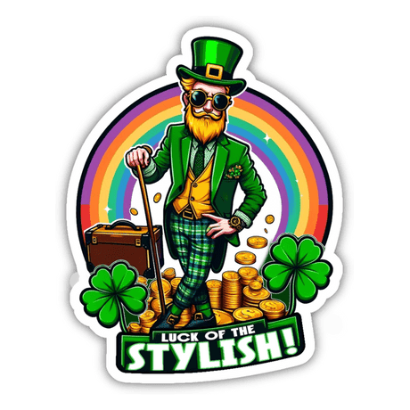 Dapper Leprechaun 'Luck of the Stylish' St. Patrick's Day Sticker featuring a fashionable leprechaun holding a suitcase and surrounded by clovers and gold coins on a rainbow background.