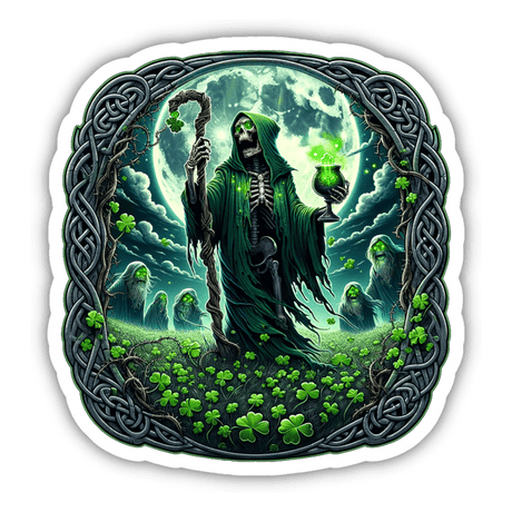 Spooky reaper in Celtic-inspired scene with shamrocks