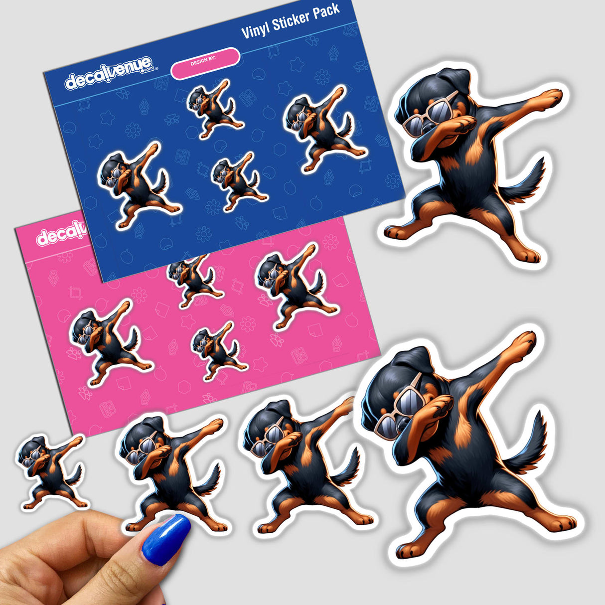 Colorful Rottweiler dog stickers in a digital artwork pack from the Decal Venue store, featuring a vibrant, energetic design of the dogs in various poses.
