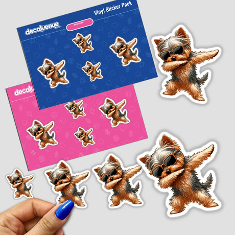 Adorable Yorkshire Terrier stickers with a dabbing pose, packaged with additional star-shaped accent stickers, presented on a vibrant blue and pink background in the Decal Venue store.
