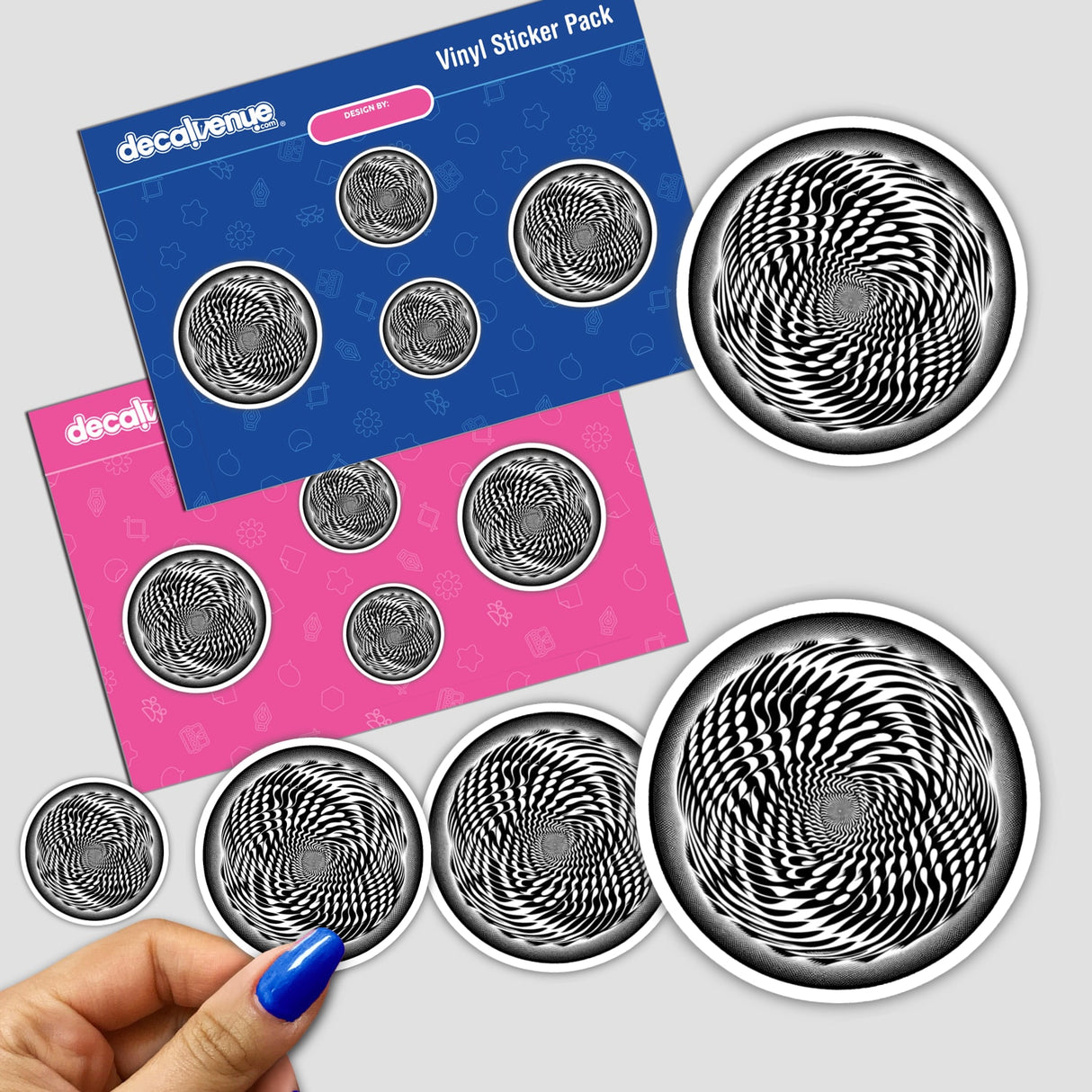 Captivating convex-concave spiral optical illusion stickers displayed on a vibrant pink and blue background, showcasing the unique digital artwork from SHH Creations and the Decal Venue store.