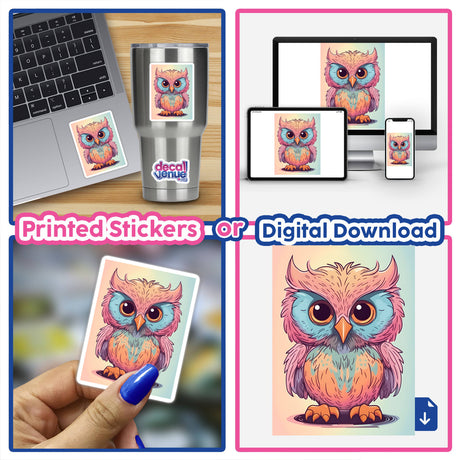 Adorable cartoon owl with vibrant colors and expressive eyes, featured on stickers and digital art displayed on various devices and products.