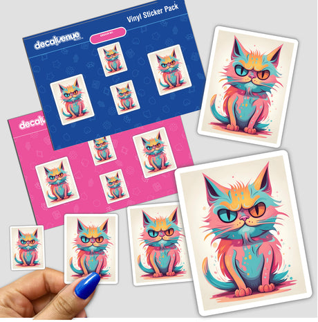 Colorful digital artwork of an adorable yet angry cat, showcased in a vinyl sticker pack from Decal Venue, an online store offering unique stickers and digital art.