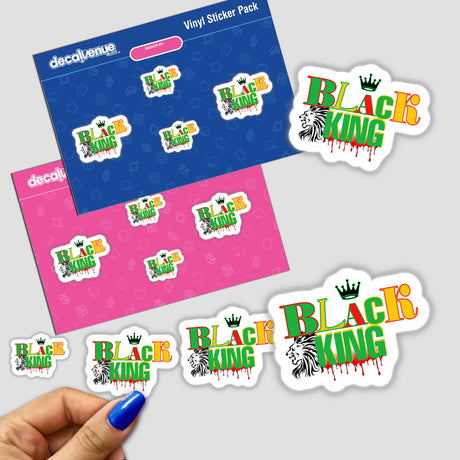 Hand holding African American Black King stickers featuring a lion head with a crown.