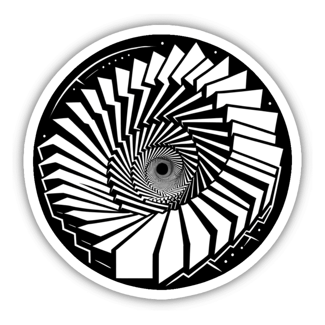 Infinite Staircase Optical Illusion Sticker - Abstract black and white geometric design with a mesmerizing spiral pattern, creating a striking visual effect.