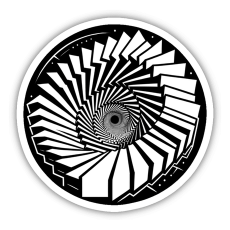 Infinite Staircase Optical Illusion Sticker - Abstract black and white geometric design with a mesmerizing spiral pattern, creating a striking visual effect.