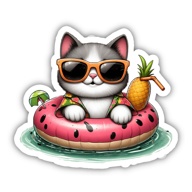 Cat on Watermelon Float w/ Pineapple Drink