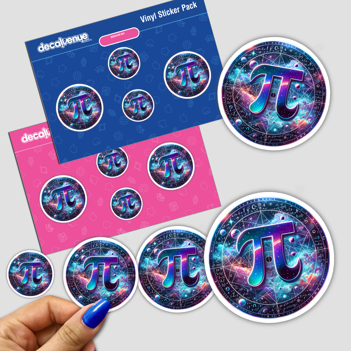Galactic Pi Day constellation stickers featuring colorful space-themed designs with the symbol pi (π) on a blue and pink sticker pack.