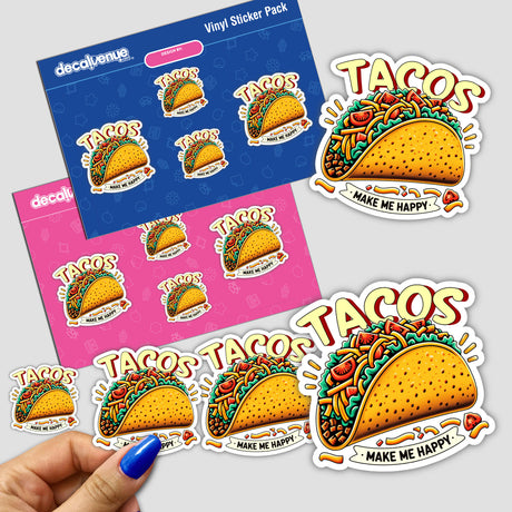 Colorful stickers featuring tacos and the text "Tacos Make Me Happy" on a pink and blue background from Decal Venue's product collection.