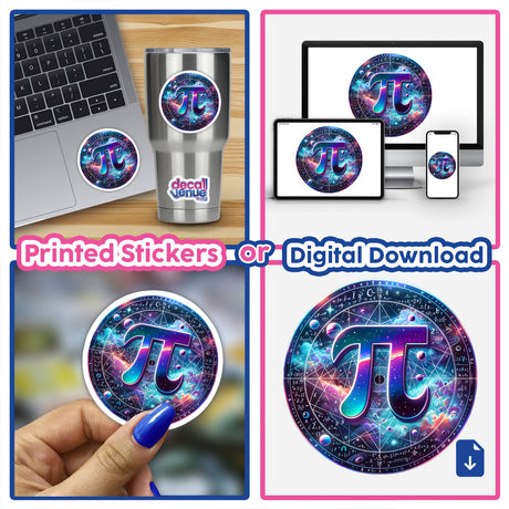 Galactic Pi Day Constellation Sticker - Colorful digital artwork featuring the pi symbol in a cosmic design, available as printed stickers or digital download.