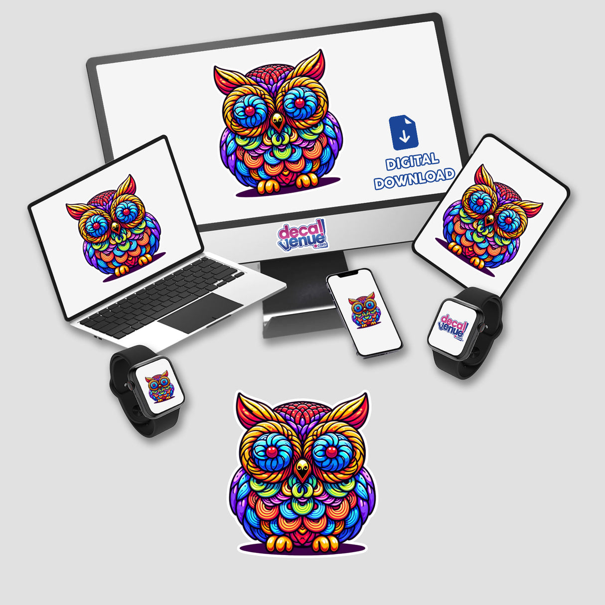 Vibrant psychedelic owl illustration, available as a digital download from Decal Venue, a store offering unique stickers and digital art from talented designers.