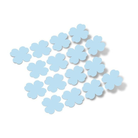 Delicate baby blue shamrock vinyl wall decals arranged in a scattered pattern on a plain background.