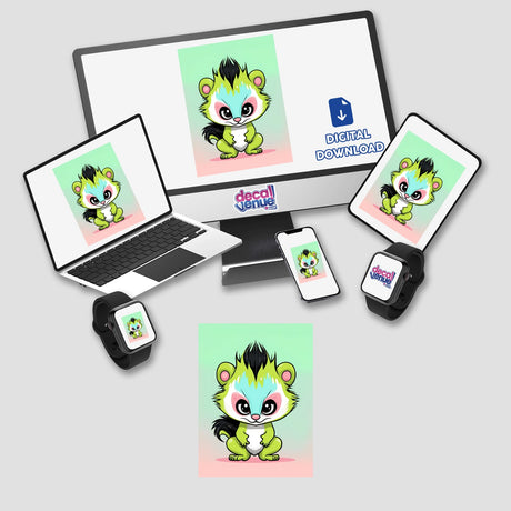 Adorable digital artwork of an angry skunk surrounded by various digital devices displaying the Decal Venue brand logo.