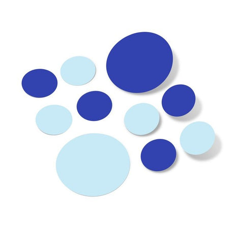 Baby blue and blue polka dot circles wall decals made from vinyl, perfect for nursery or DIY projects.