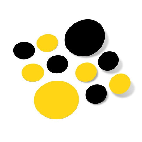 Black and yellow polka dot circles wall decals in various sizes for versatile decoration.