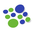 Lime green and blue polka dot circle wall decals in varying sizes.