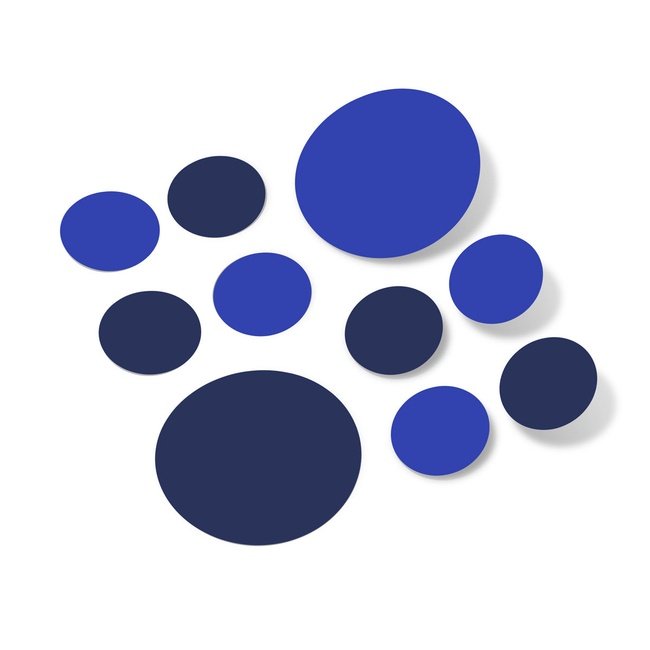 Blue and navy blue polka dot wall decals in various sizes.