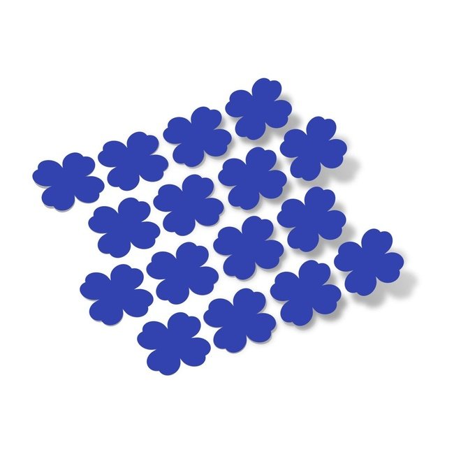 Blue Shamrock Vinyl Wall Decals - Artistic array of stylized blue four-leaf clover shapes arranged on a white background, creating a decorative floral pattern.