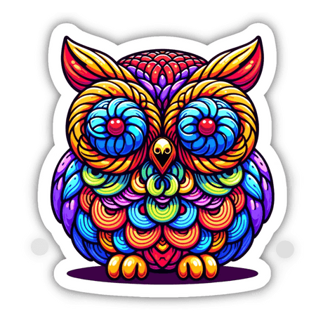 Vibrant owl with intricate, psychedelic patterning and vivid colors. Positioned in the center of the image, the owl's expressive eyes and vibrant plumage make it a striking digital artwork.