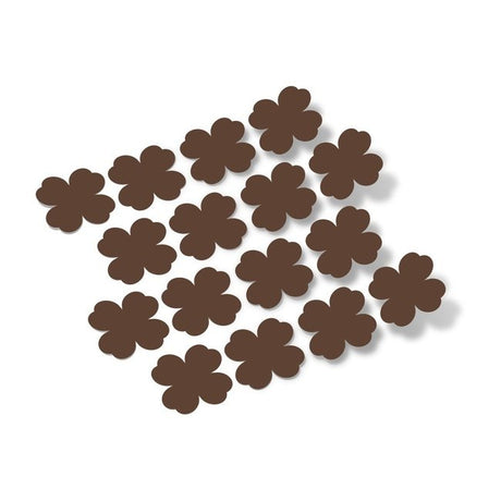 Chocolate brown shamrock vinyl wall decals arranged in a decorative pattern on a white background.