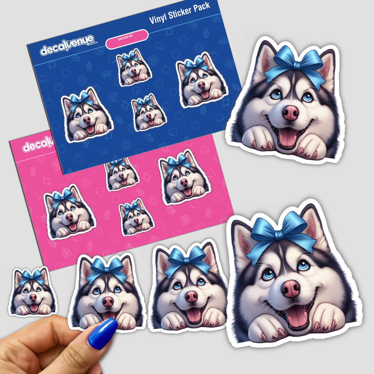 Excited Peeking Husky Blue Bow