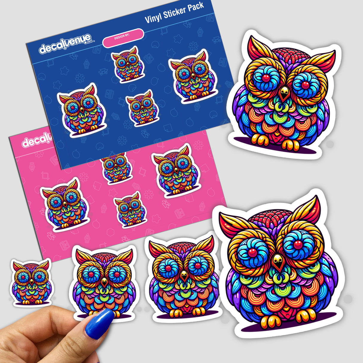 Colorful and vibrant digital artwork featuring psychedelic owl designs in a vinyl sticker pack, showcased against a pink and blue background with the Decal Venue store logo.