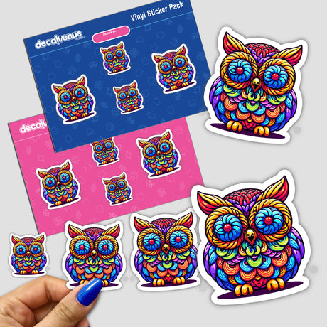 Colorful and vibrant digital artwork featuring psychedelic owl designs in a vinyl sticker pack, showcased against a pink and blue background with the Decal Venue store logo.