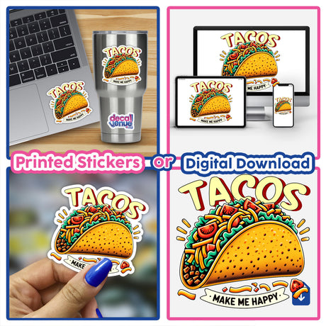 Colorful and appetizing digital art of a taco sticker featuring the text "Tacos Make Me Happy", displayed on various digital devices and as a physical printed sticker. The sticker showcases the delicious taco illustration with vibrant textures and details, highlighting the product's joyful and whimsical design.