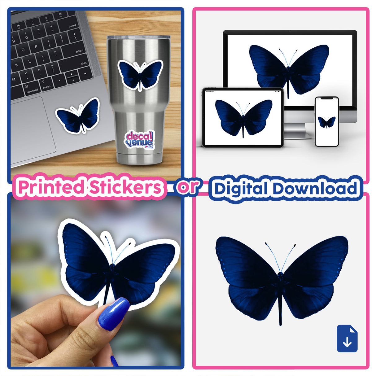 Blue Black Butterfly sticker or digital download, shown on a laptop, cup, and hand, highlighting intricate butterfly design.