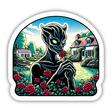 Digital artwork depicting a demon creature surrounded by vibrant red roses in a pastoral countryside setting with cottages in the background.