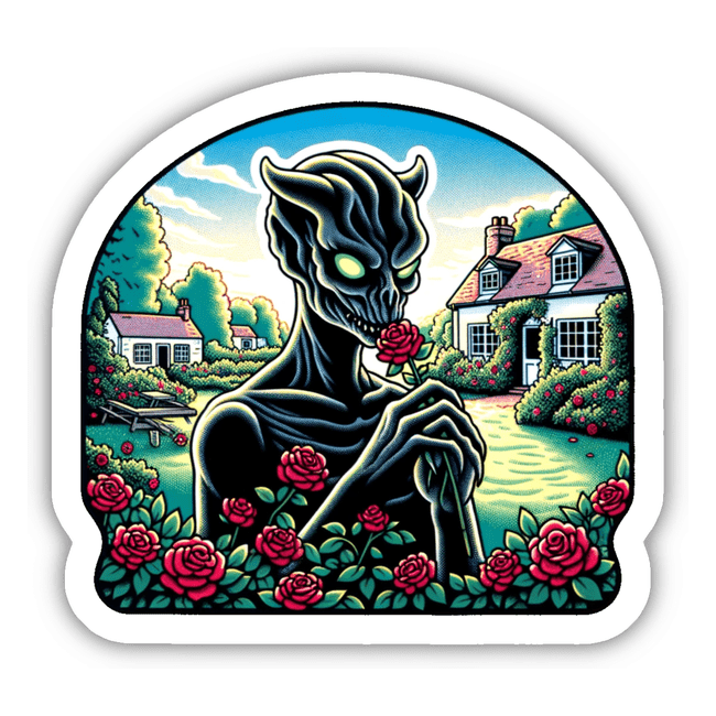 Digital artwork depicting a demon creature surrounded by vibrant red roses in a pastoral countryside setting with cottages in the background.