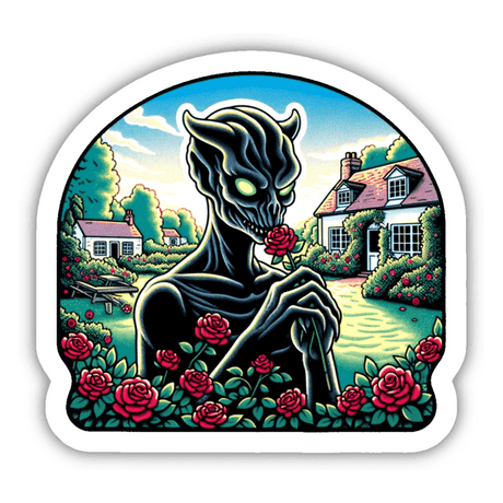 Digital artwork depicting a demon creature surrounded by vibrant red roses in a pastoral countryside setting with cottages in the background.