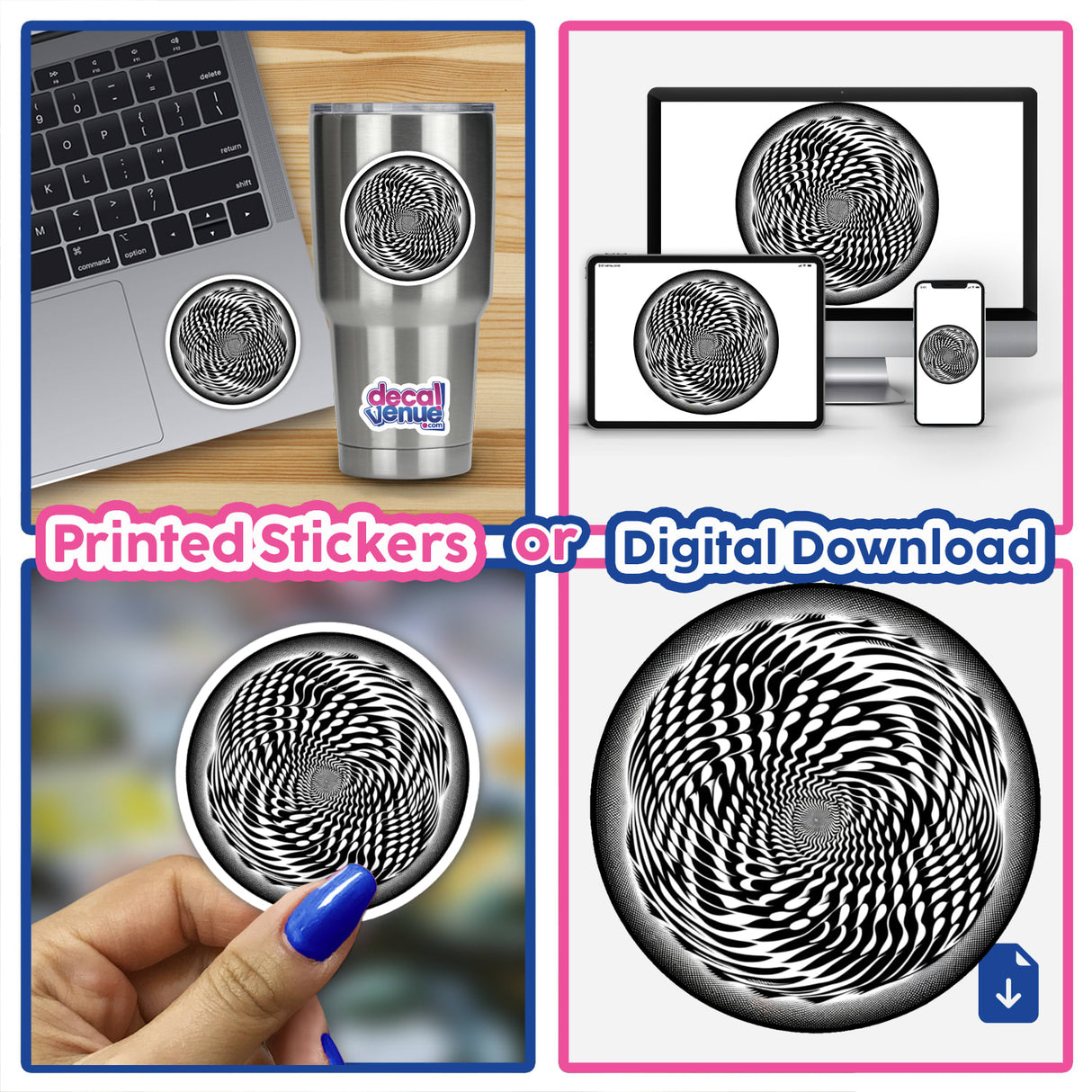 Striking black and white spiral optical illusion sticker, available as a printed design or digital download from Decal Venue, an online store offering unique stickers and digital art.