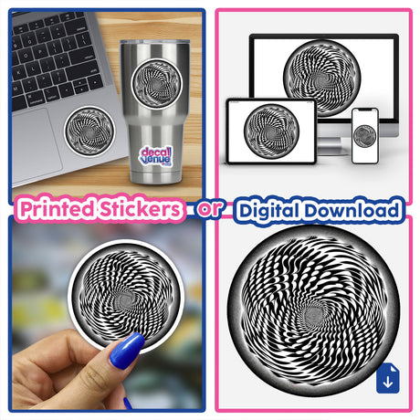 Striking black and white spiral optical illusion sticker, available as a printed design or digital download from Decal Venue, an online store offering unique stickers and digital art.