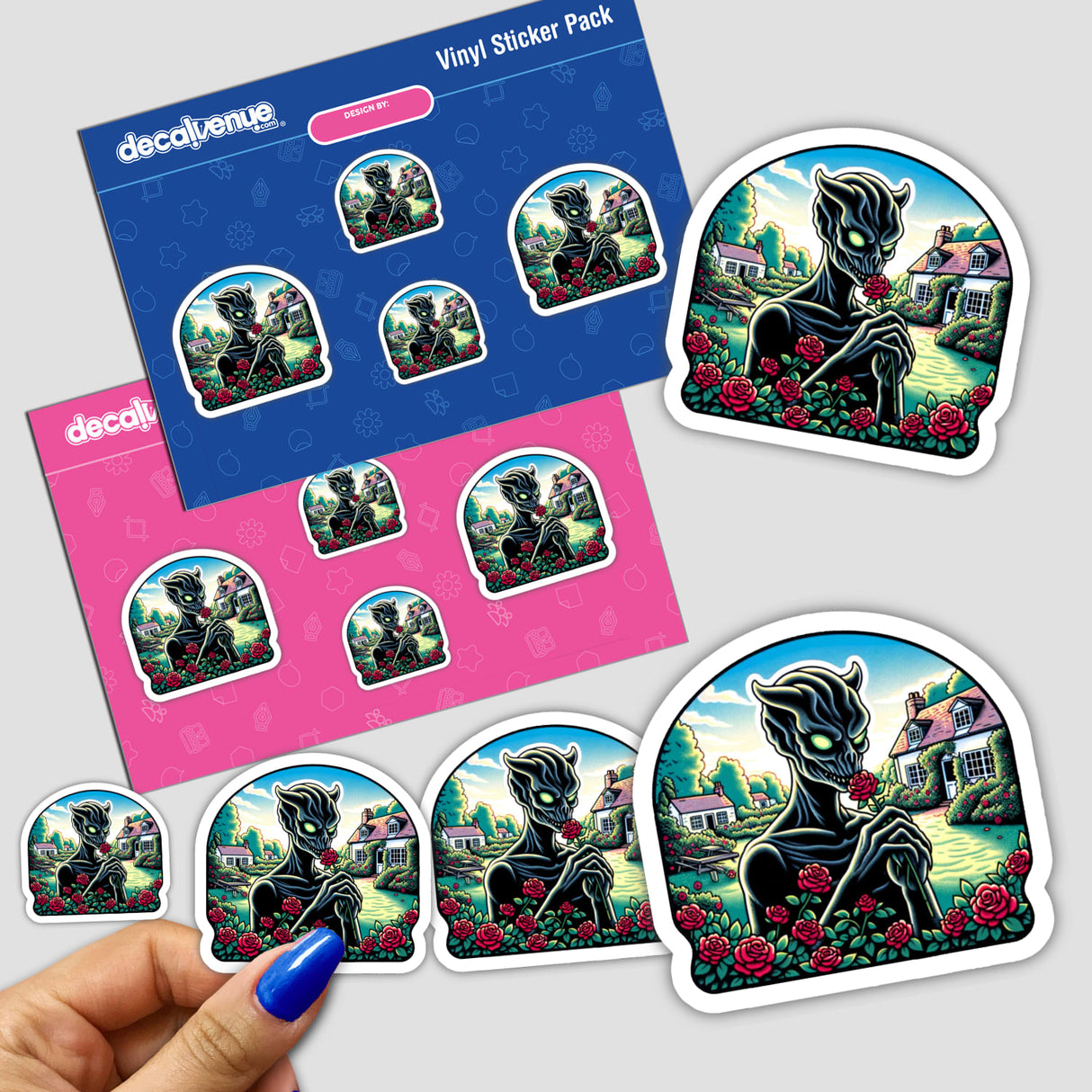 Vibrant digital artwork featuring a demon-like creature surrounded by roses in a pastoral landscape, presented as stickers on a display pack from Decal Venue, an online store offering unique stickers and digital art.
