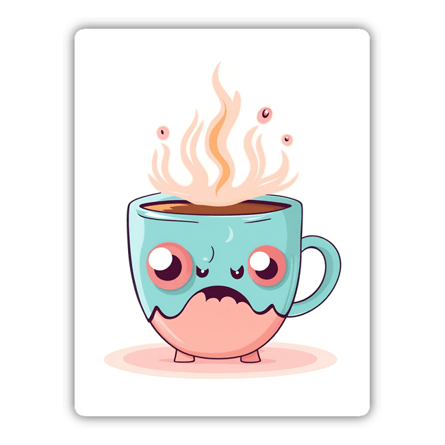 Angry but adorable coffee cup with expressive eyes and hot steam rising from it, adding a playful and whimsical touch to the digital artwork.