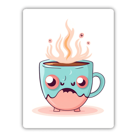 Angry but adorable coffee cup with expressive eyes and hot steam rising from it, adding a playful and whimsical touch to the digital artwork.
