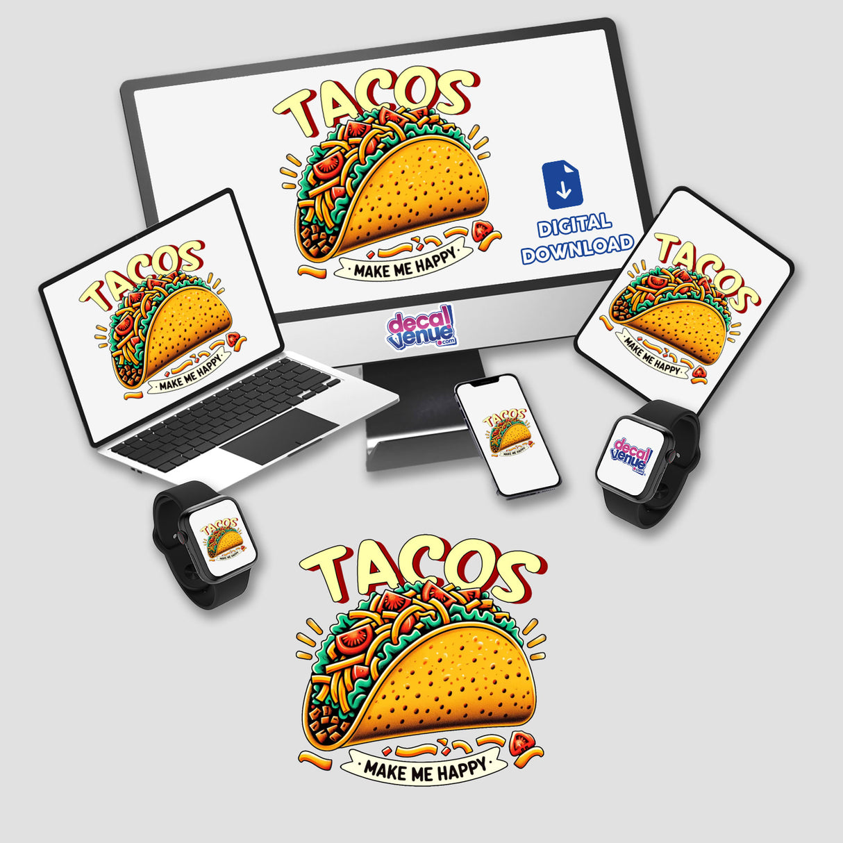 Colorful joyful taco sticker displayed on various digital devices, including laptops, phones, and a smartwatch, against a plain white background.