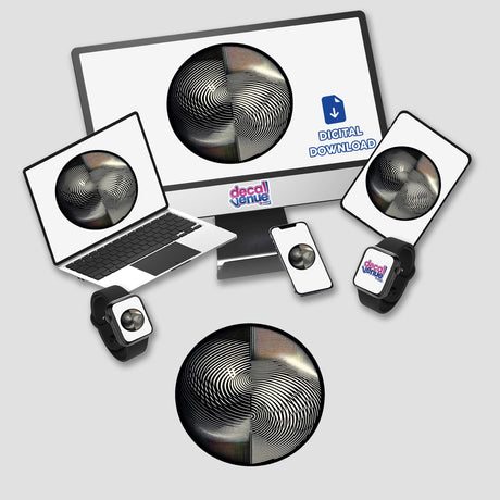 Circular Moiré Pattern Optical Illusion Sticker - Unique digital artwork on various electronic devices showcasing a captivating hypnotic design.