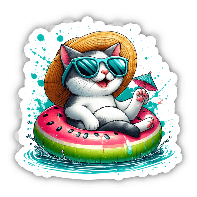 Cat with Beach Hat and Drink