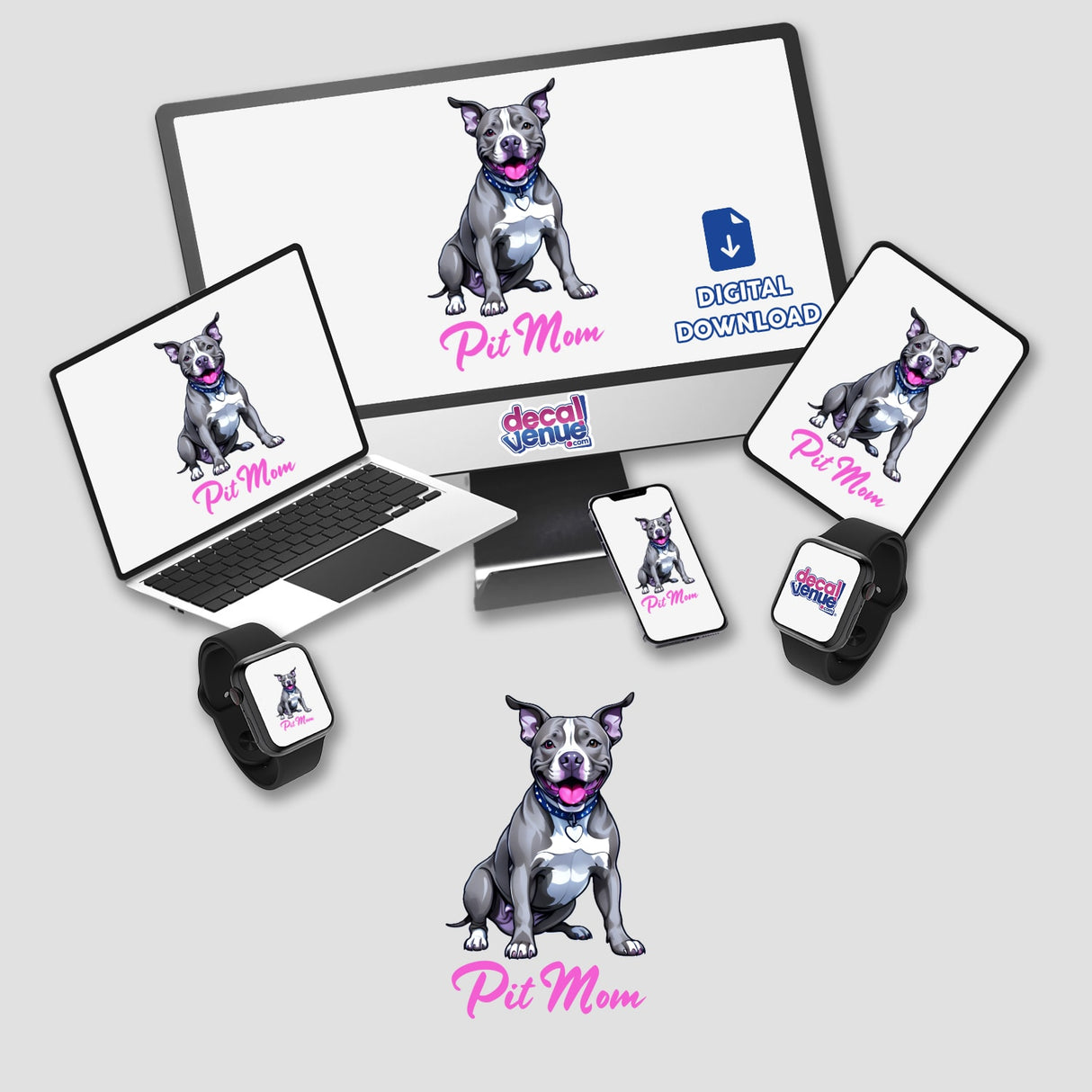 Gray Happy Pitbull - Pit Mom sticker or digital artwork featuring a joyful dog with its tongue out on a computer monitor and laptop screen.